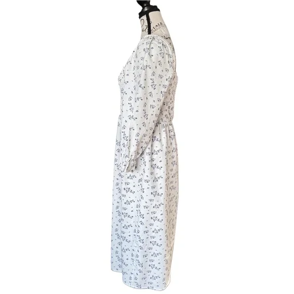 HOUSE OF HARLOW 1960 Smocked linen blend floral midi dress white blue size L - Picture 3 of 12